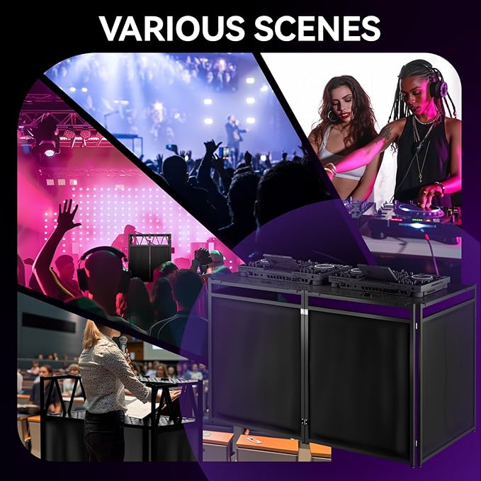 Portable DJ Booth Table,56''x28" Foldable DJ Table Stand Portable with White & Black Scrim,Adjustable D J Facade Tabl e Station Metal Frame D J Tabl e with Cable Hole for Private Events, Clubs, Bars