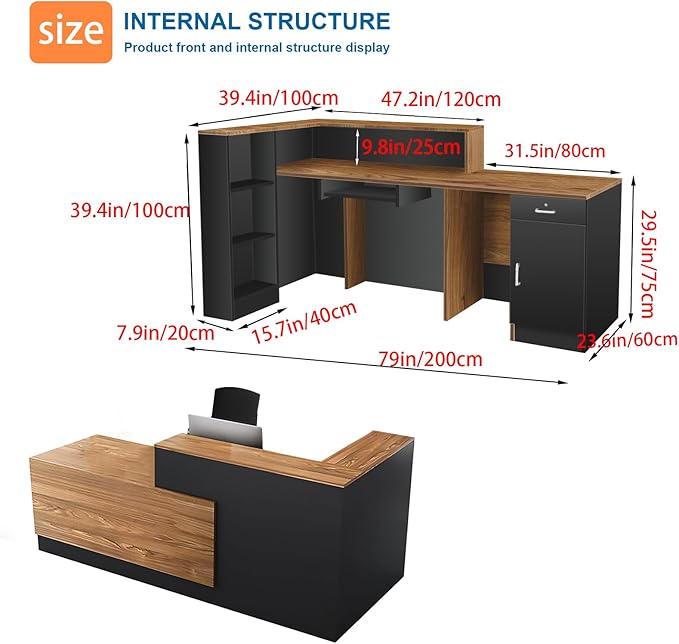 L-Shaped Reception Desk with Counter and Lockable Drawers and Storage Tall Modern Front Desk Reception Counter for Checkout Lobby Beauty Salon A Left 79inch/200cm