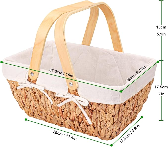 Wicker Picnic Basket with Handle and White Liner, Perfect for Couples, Families, and Friends. Hand-Woven Water Hyacinth Basket with Lining for Outdoor Dining and Home Decor