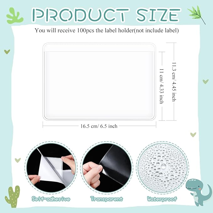 Jeyiour 100 Pcs Label Holders Adhesive Nameplate Pockets Storage Bin Labels Index Card Holder Shelf Plastic Peel Stick for Classroom Supermarket Bookshelf Library Student Box Drawer (4.3 x 6.5 Inch)
