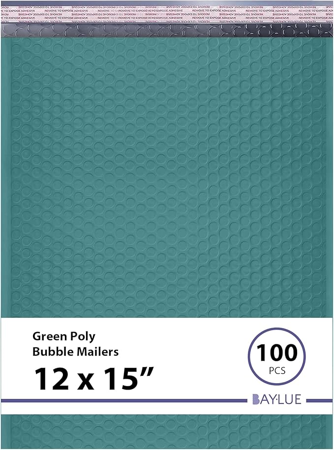 Green Large Poly Bubble Mailers 12x15 inch | Self Seal Padded Envelopes Cushioned Bubble Mailer | Usable Size 12x15 | WaterProof | Lightweight mailing Shipping Bags | 100 Pack Bulk