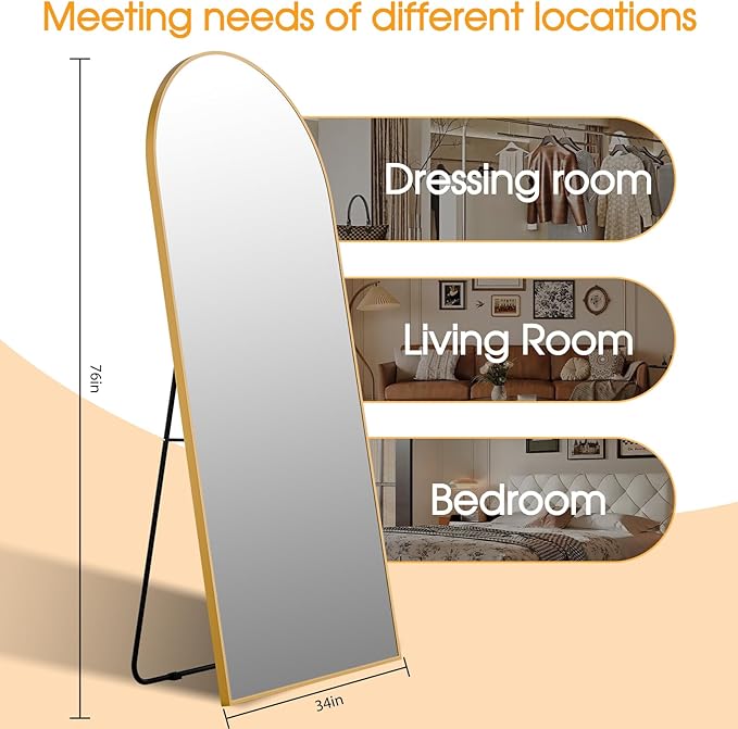 76"x34"Floor Mirror Full Length,Arched Full Length Mirror with Stand,Full Body Mirror,Hanging or Large Leaning for Bedroom Living Room Gold