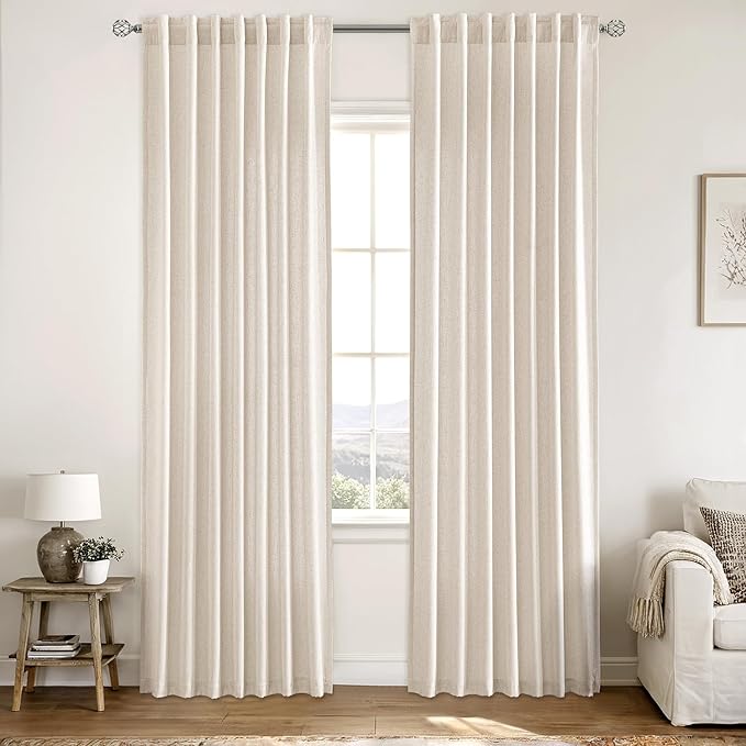 MIULEE Non-See-Through Privacy Linen Curtains 2 Panels, Light Filtering Window Curtains Farn House Textured Back Tab Semi Sheer Drapes for Bedroom Living Room, 52 x 84 Inches Long, Cream