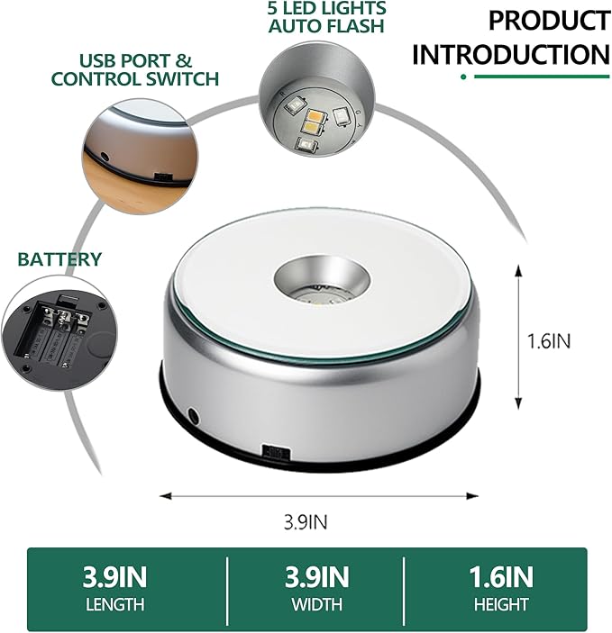 ZEERSHEE 3.9in LED Rotating Display Stand Colorful Changing Illuminated Base 360 Degree Display Spinner for Glass Art Crystals Jewelry Craft