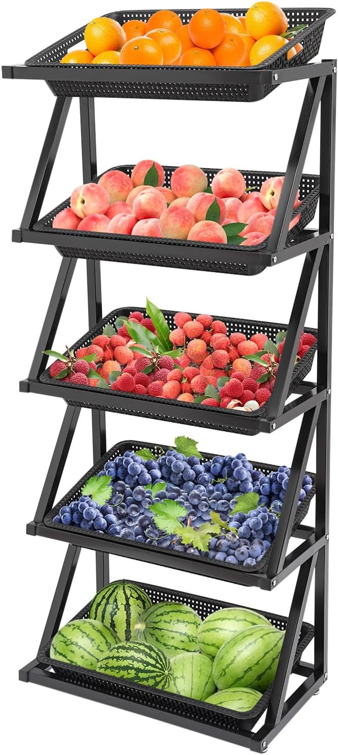 Fruit Vegetable Storage Basket,Kitchen Organizers 5 Tier Basket Stand Storage Baskets Market Shelf for Kitchen Store (Black)