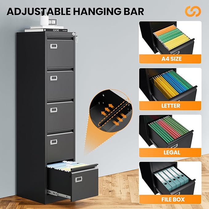 5 Drawer File Cabinet with Lock, Metal Filing Cabinets for Home Office, Vertical Black Locking File Caninet, Steel Narrow Five Drawer File Cabnet for Letter/Legal / A4 / B4- Assembly Required