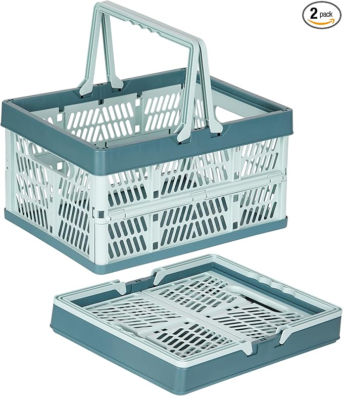 Heavy Duty Plastic Milk Crates for Storage, 2-Pack Stackable Storage Bins for Organizing, Collapsible Shopping Basket with Handle for Groceries, Suitable for Home Office School Store, Blue