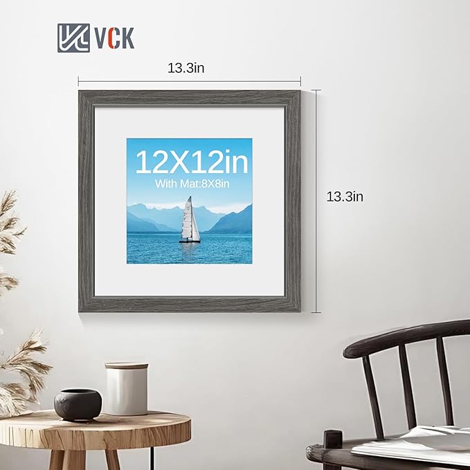 VCK 12x12 Picture Frame 5 Pack - Grey, High-End Wood Poster Frames with Tempered Glass, Display 8x8 Photo with Mat or 12x12 without Mat, Art Gallery-Quality, Wall Hanging, Grey