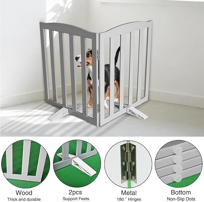 Freestanding Dog Gate Indoor,Doggie Gate Foldable Pet Gates for Doorways,Stairs or Hallways, Wooden Grey Pet Gate for The House, Pet Fence with Support Feet Included,32 "Height-2 Panels