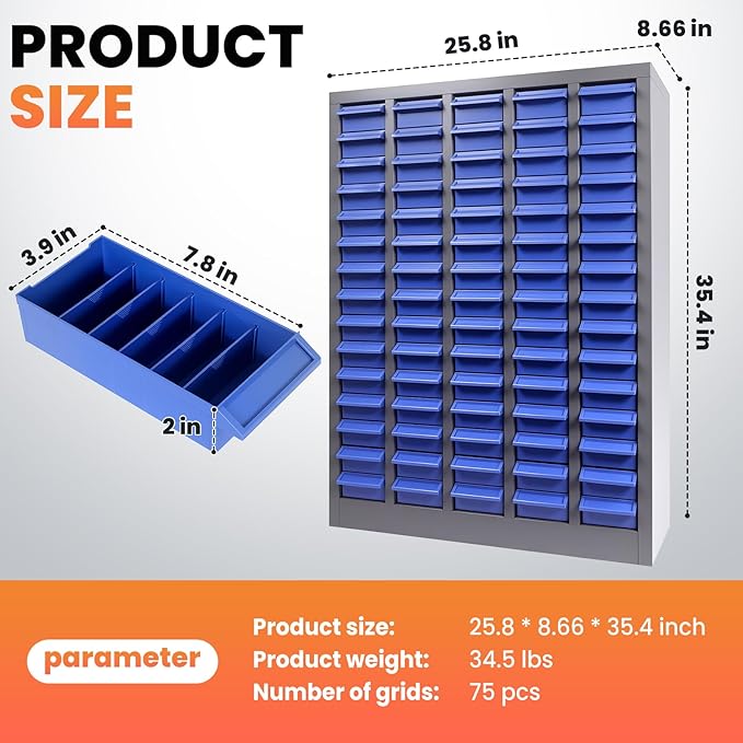 75-Drawer - Nut and Bolt Organizer | Stainless Steel Part Storage Cabinet | Shelves & Labels | Each Drawer 3.9" D x 7.8W x 2" H | Durable Hardware Storage for Small Parts/Tool (Classroom, Home)