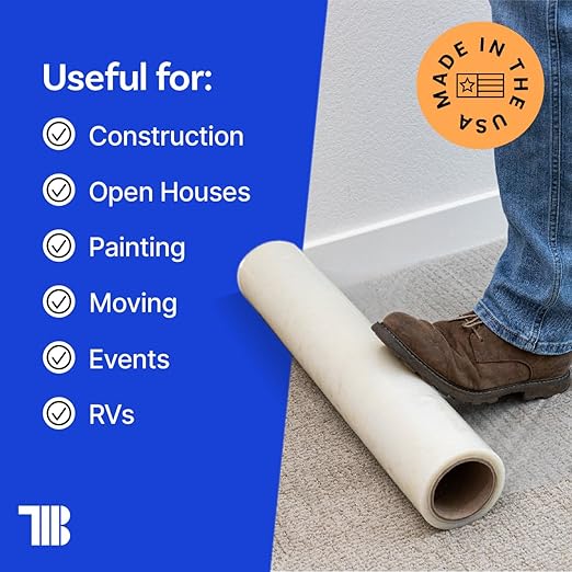 TapeManBlue Carpet Protection Film, 48 inch x 200 feet, Made in The USA, Strong and Durable Plastic Carpet Protector with Easy Unwind and Clean Removal, Clear Self-Adhesive Surface Protective Film