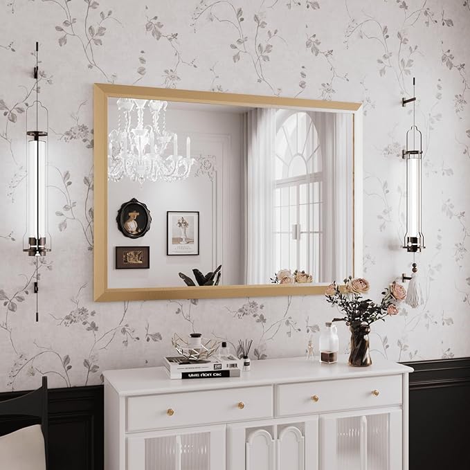 Amorho Bathroom Mirror, 50x36 Inch Golden Thick Metal Framed Wall Mirrors for Over Sink, Wall-Mounted Mirrors Perfect for Bedroom, Living Room, Entryway, Rectangle (Horizontal/Vertical).