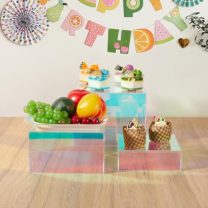 3Pcs Iridescent Display Risers, Rainbow Acrylic Risers Display Stand Acrylic Cube Box for Collectibles Jewelry Perfume Handbag Food Dessert Party Show (Iridescent-3pcs), Perfect for Christmas Decor
