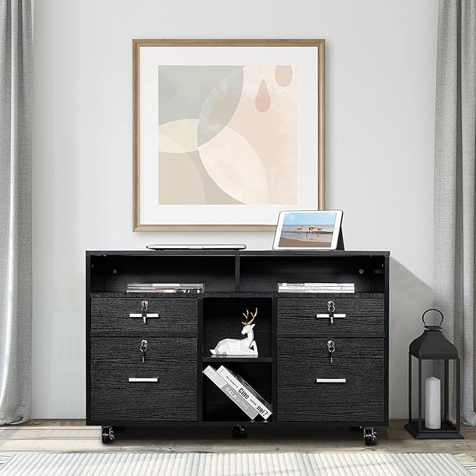 VINGLI Wood Mobile File Cabinet with 4 Drawers and Shelves, Printer Stand with Open Storage, Locking Lateral Filing Cabinet for Home Office, Black