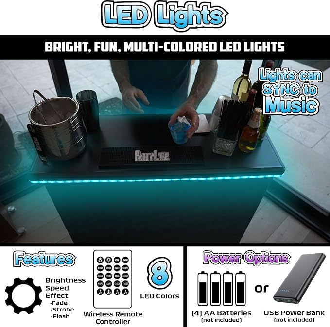 PartyLife New & Improved Portable Bar Table w/LED Lights, Wireless Remote, Folding Legs, 2 Bar Skirts, Heavy-Duty Storage Shelf & Carrying Case - Black