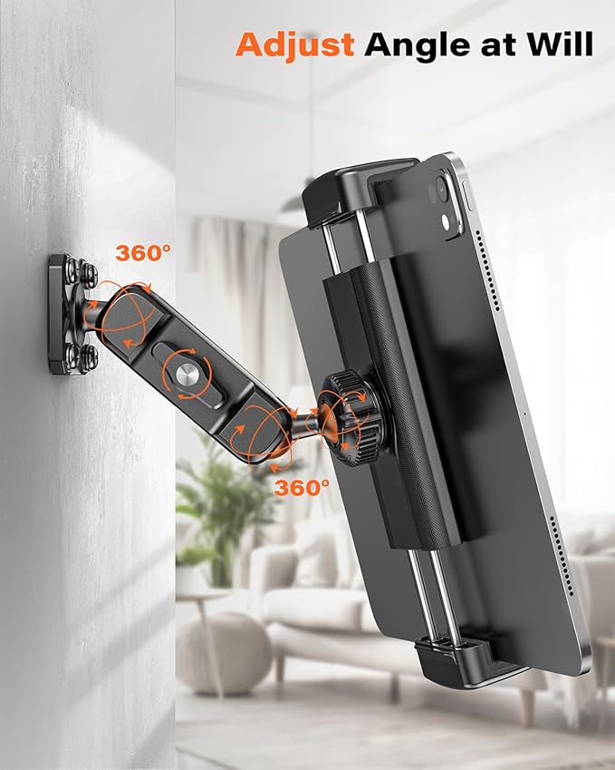 A2C for iPad Wall Mount, Heavy Duty Drill Mount Tablet Holder for Walls Kitchens, Metal Base & Arm 360° Adjustable Wall Mount for iPad Compatible with 4.7”-13” Devices