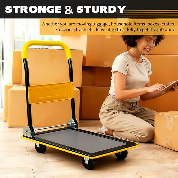 Yellow Folding Platform Hand Truck 330 lbs Capacity, Heavy Duty Flatbed Cart with 360° Swivel Silent Wheels, Non-Slip Steel Dolly for Warehouse, Office, or Home – Foldable Design