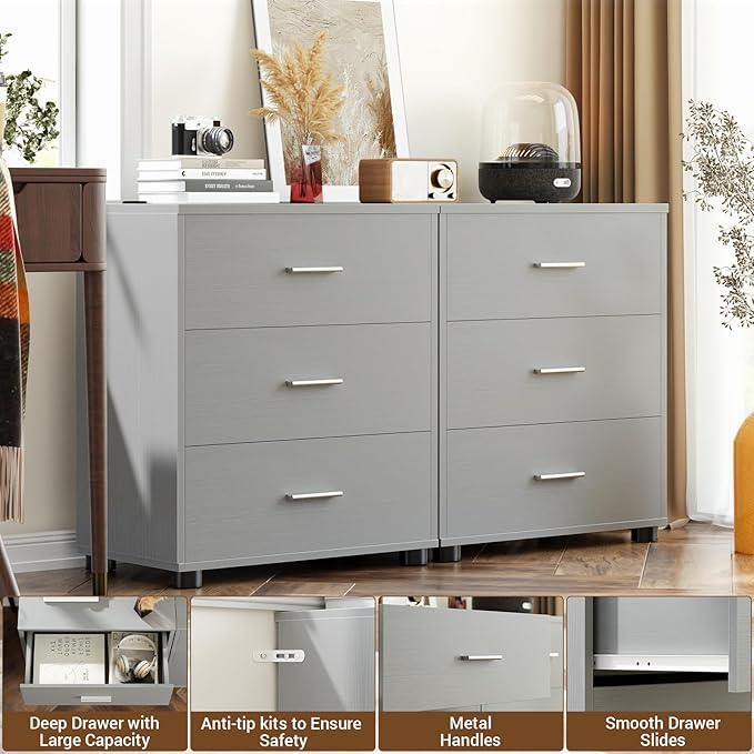 Aheaplus Closet Drawers Set of 2, Wood Closet Organizers and Storage with 3 Drawers, Closet Drawers Organizer System, Nightstands Bedside End Table with 3 Drawers Storage for Bedroom, Grey
