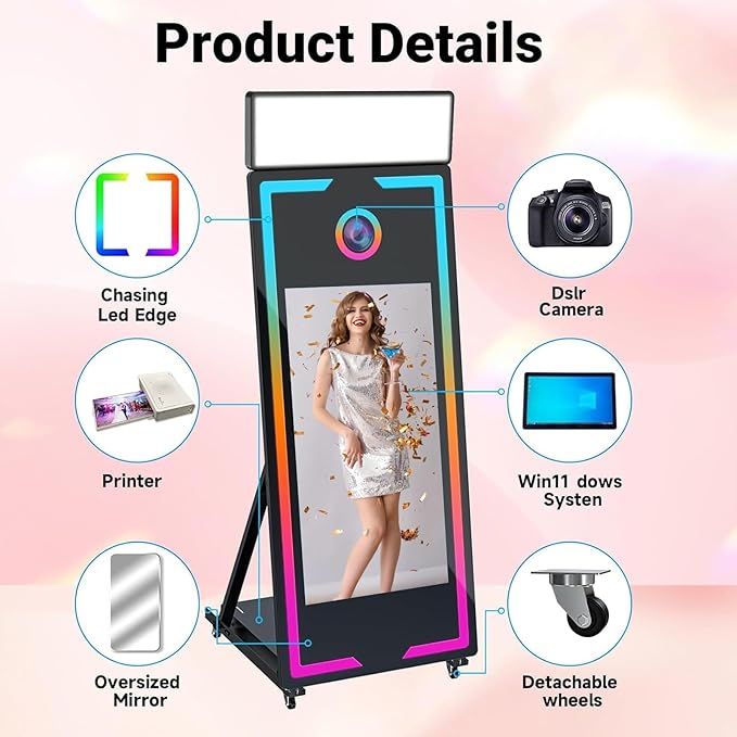 Magic Mirror Photo Booth 65" with 43" Touch Screen Selfie Mirror Photo Booth Machine with Flight Case, Mirror Photo Booth for Event Rental Wedding Party (65-43in White)