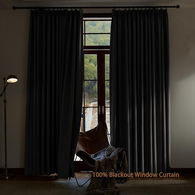Textured Linen Pencil Pleated 100% Blackout Curtains for Bedroom/Living Room Blackout Curtains 120 Inches Long, Energy Saving Window Treatment Curtains,84Wx120Lx2,Grey