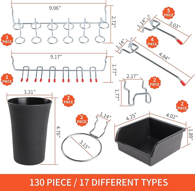130PCS Pegboard Hooks Assortment - Peg board Hooks for Hanging Tools with Pegboard Bins & Cups,1/8-Inch Pegboard Wall Organizer - Ideal for Organizing in the Garage Kitchen Workbench Craft Room