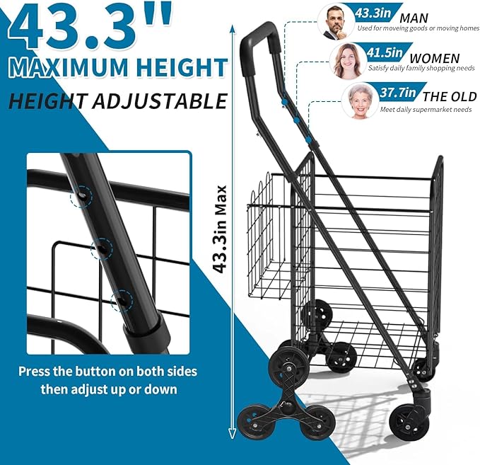 Grocery Shopping Cart with Waterproof Liner Stair Climber Utility Cart Easily Collapsible Cart with Tri-Wheels, 66lb Extended Foam Cover, Trolley for Stair, Laundry, Travel (Black-)