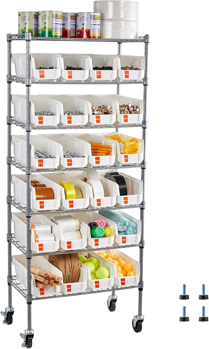 VEVOR 7-Tier Rolling Bin Storage Rack, 24 Small Bins, Bin Rack Storage Steel Wire Shelving System with Wheels, Mobile Tool Organizer for Garage, Warehouse, Office, Restaurant, Classroom, Kitchen
