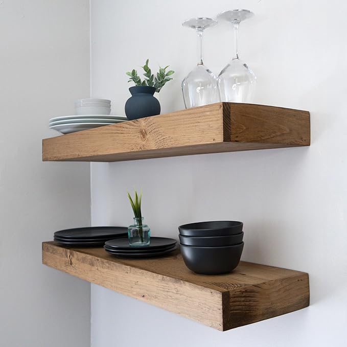 Urbandi Modern Floating Shelves 3 Inches Thick for Wall, Wide Shelves for Kitchen, Living Room, Bedroom, and Bathroom, Natural Pine Wood, Rustic Wooden Shelf, (Set of 2) (Aged Oak, 36Lx3Hx6D)