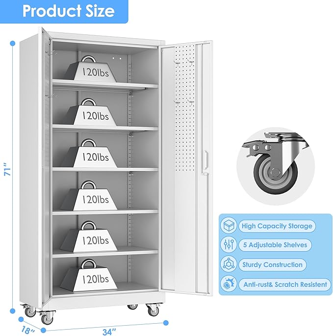 Garage Storage Cabinet with Wheels & Pegboard, 71" H x 34" W x 18" D Locking Metal Storage Cabinet with 2 Doors and 5 Adjustable Shelves for Garage Workshop Home, White, Assembly Required