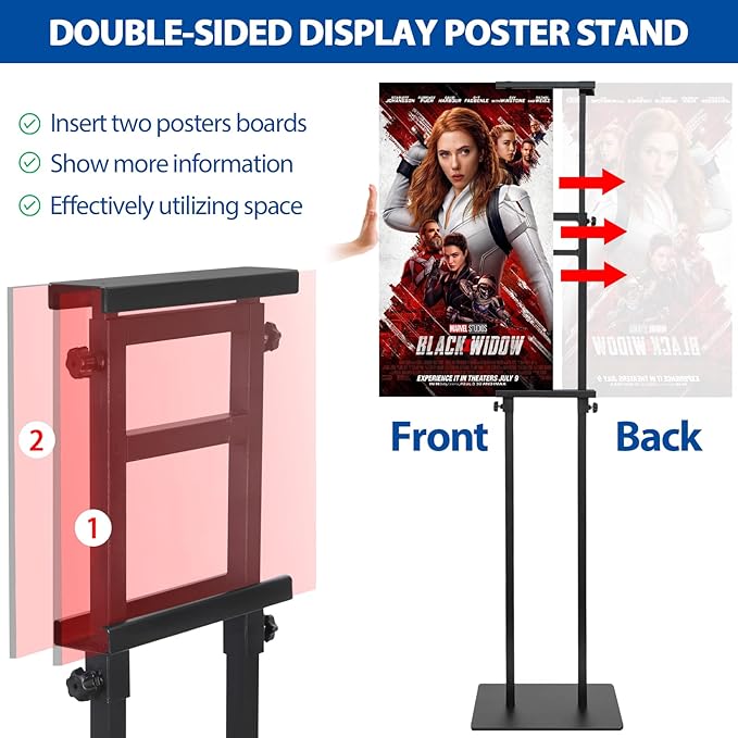 2Pack Poster Stand for Display, Heavy Duty Floor Standing Sign Holder, Double-Sided Poster Board Stand, Adjustable Height Up to 80 inch, Outdoor Banner Stand for Board & Foam Display, Black