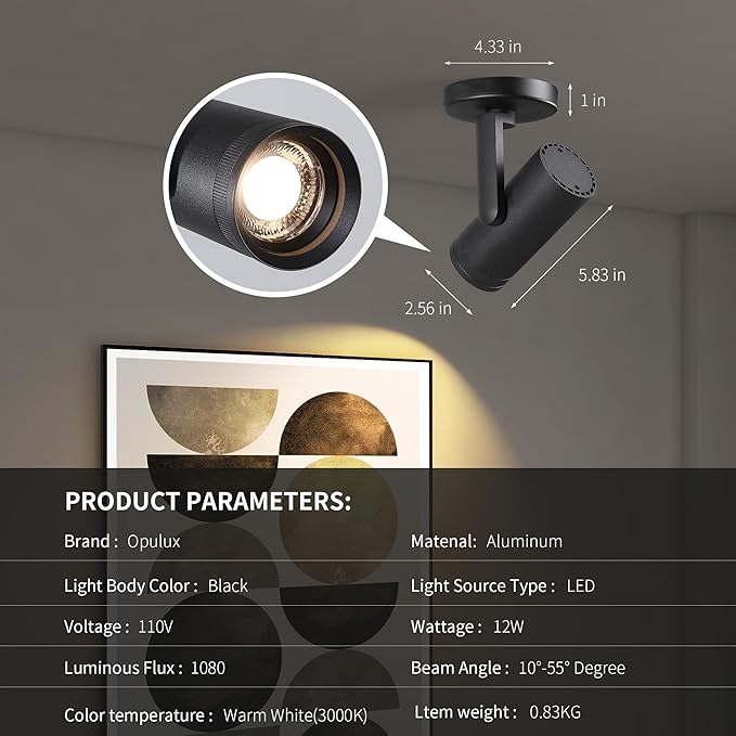 12W LED Dimmable Zoomable Ceiling Spotlight Indoor – Adjustable Surface Mount Accent Spot Light for Picture, Living Room, Plants & Artwork | Warm White 3000K CRI 97, Flicker-Free, Black 2 Packs