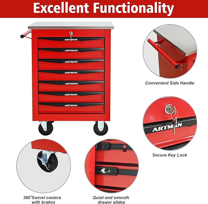 7 Drawers Tool Cart on Wheels with Stainless Steel Worktop, Heavy Duty Mobile Rolling Drawer Tool Chest with Locking Wheels & Lockable Drawers, Garage Tool Storage Cabinet (Red, 7 Drawers)