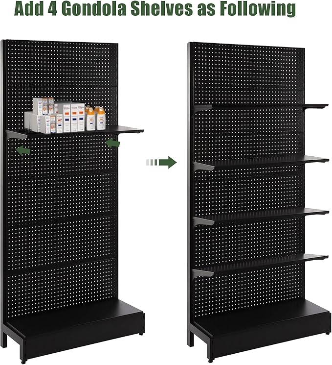 4 Packs Gondola Shelves 35 1/4”L x 11 1/2”W for Industrial Grade Black Pegboard Display Rack，4 Shelves for Gondola Units, Extra 8 Pieces Supply Arms, Black
