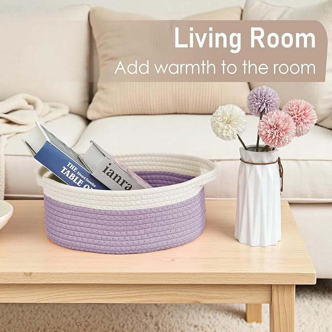 Woven Basket,Small Rope Storage Bin with Handles & Ribbon Bag, Organizer for Shelves Closets,Gift Basket Empty for Birthday,Books,Dog Toys, White&Purple