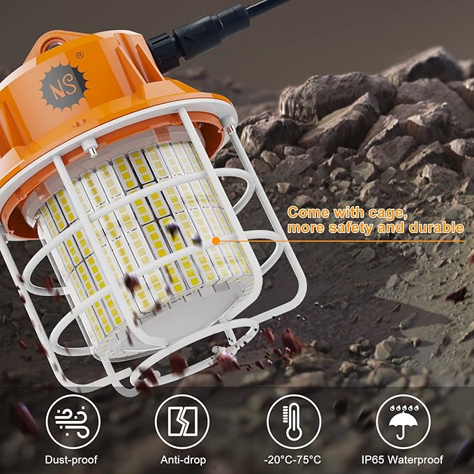 60W Led Temporary Work Light 8700 Lumens 5000K Construction Lights with Stainless Steel Protective Cover and Hook for Indoor Outdoor Connectable Portable Light High Bay Workshop Garage