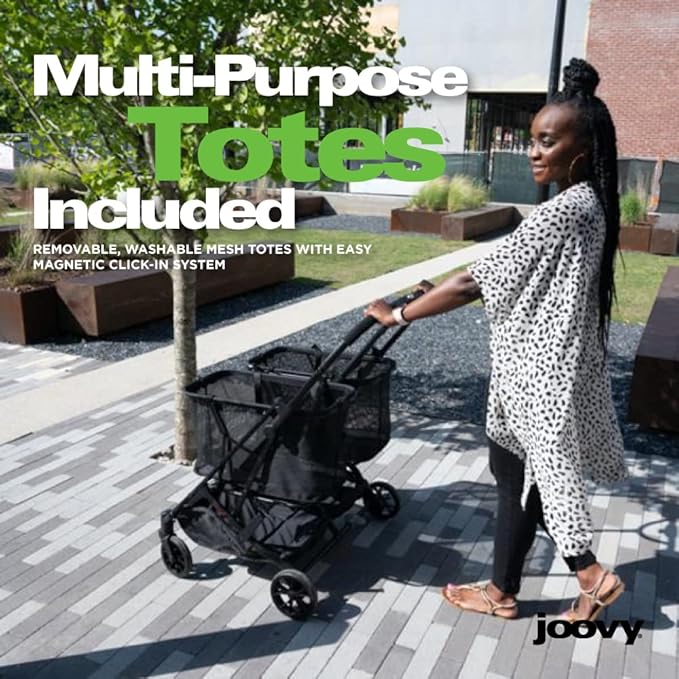 Joovy Boot X2 Shopping Cart Featuring 122 lbs Total Weight Capacity, Dual Removable Totes, Swivel Tires for Easy Steering, One-Handed Compact Fold, and One-Step Parking Brake (Black Frame)