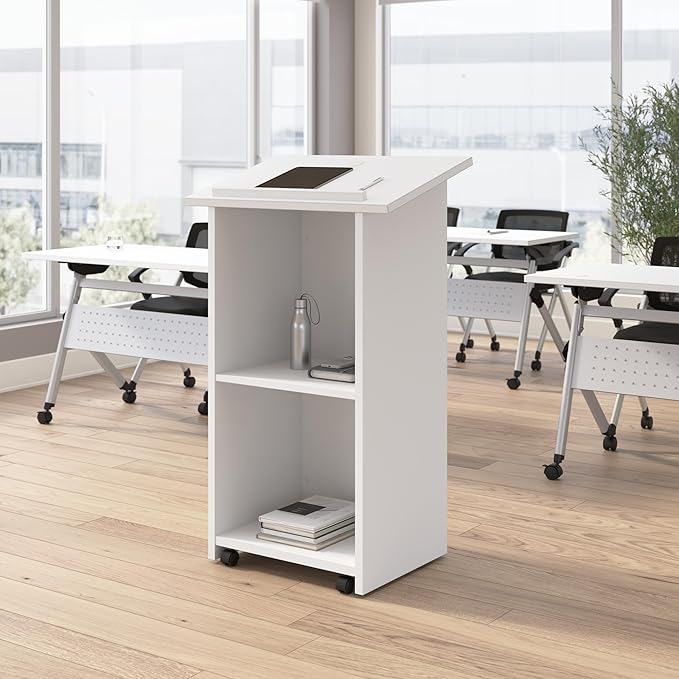 Bush Business Furniture Podium Lectern, 48 inch Tall, Professional-Grade Mobile Presentation Stand Up with Shelves, Envision Collection, White