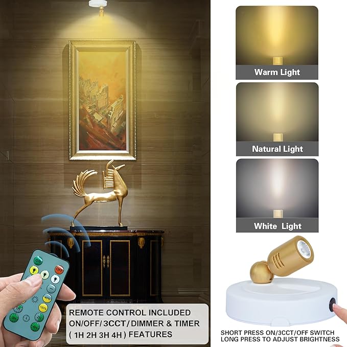 Rechargeable LED Spotlight, Indoor Battery Operated Spotlights with Remote, 3 Lighting Modes Up Lights for Plants, Dimmable Timer Picture Lights for Wall Art Painting Tree Spotlight