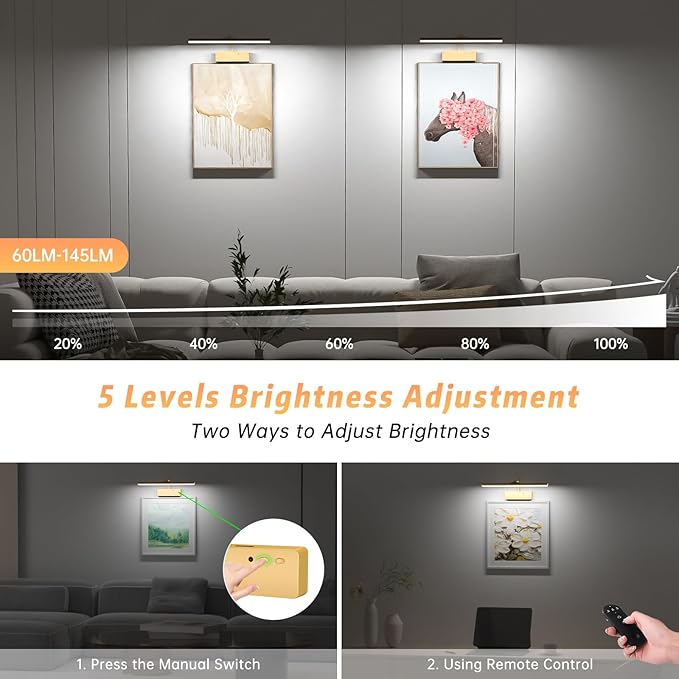 Lightbiz Picture Light, 15.35inch 5400mAh Rechargeable Picture Lights for Wall Battery Operated Wall Lights with Remote, 3 Colors Paintings Light Dimmable Art Light for Artwork, Gallery (Gold)