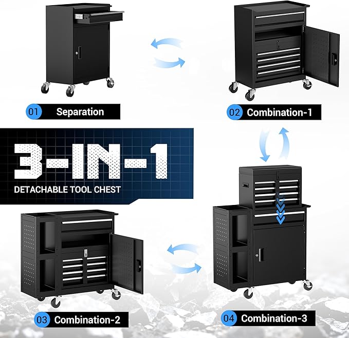 SILVEL 5-Drawers Rolling Tool Chest, Assembled Tool Box with Auto Locking System & Lockable Wheels & Sliding Drawers & Detachable Top, Tool Storage Cabinet for Garage Workshop