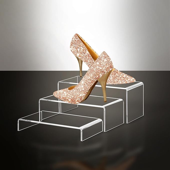 6 Pcs 2 Sets Acrylic Display Riser, 3 Sizes Large Acrylic Risers Display Stands, 0.15" Thick Clear Shelf Riser, Clear Display Risers for Dessert, Candy, Toys, Perfume, High Heels, Wallet
