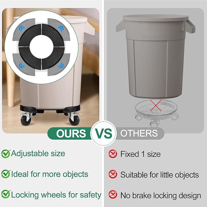 ToLanbbt Trash Can Dollies with 3 in Upgraded Wheels, 15-19 in Adjustable Round Furniture Dollies Heavy Duty 480 LBS Drum Rolling Base Keg Carts for 20, 32, 44, 55 Gallon Garbage Cans, Black, 2 PCS