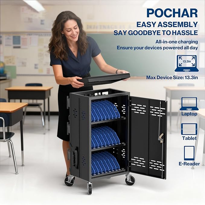POCHAR 30 Unit Device Laptop Charging Cart for Chromebooks, Tablets, and Laptops for K-12 Education Classrooms, and Libraries, —Open-Back Design, Grounding Protection, Easy Assembly