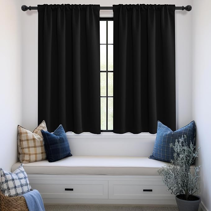 KGORGE Black Out Curtains 54 inch Long for Bedroom, Privacy Protection Blackout Insulated Thermal Room Darkening Noise Reducing for Kids Room Nursery, W52 x L54 inches, Black, 2 Panels
