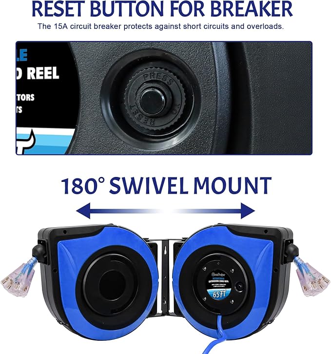 65Ft Heavy Duty Cord Reel, Retractable Extension Cord, 12AWG/3C SJTOW, Lighted Triple Tap Outlets 15A Circuit Breaker, Wall/Ceiling Mounted, Adjustable Stopper UL Listed Blue
