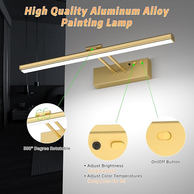15.35inch Picture Light, Rechargeable Battery Wall Light for Paintings, 3 Colors Paintings Light Dimmable and Timer Metal Art Light for Display, Wall, Artwork, Gallery (Gold)