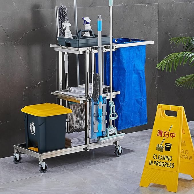Janitorial Cart on Wheels - Versatile Cleaning Supplies nizer for Housekeeping, Garage, Garden, Closet, Cabinet, Broom & Mop Holder, Heavy-Duty Utility Storage