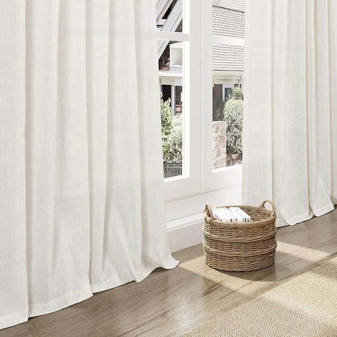 Nanspring 24 Inch Linen Curtains for Kitchen Beige White Small Window Semi Sheer Curtains Back Tab and Rod Pocket Light Filtering Drapes for Basement Short Cafe Curtain 26 x 24 Inch, 2 Panels