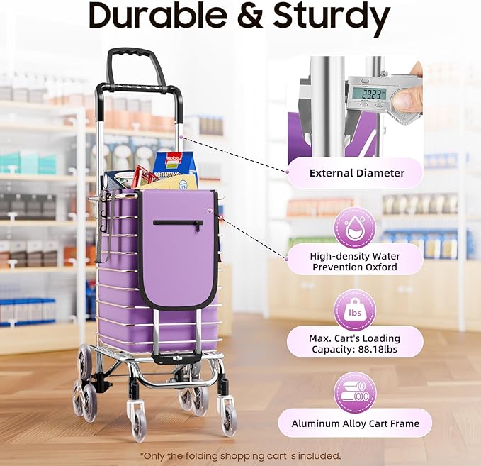 Folding Shopping with Waterproof Liner & 360° Swivel, Cart Grocery Trolley Laundry Stair Climbing Handcart W/ 6/8 Wheels,Silver