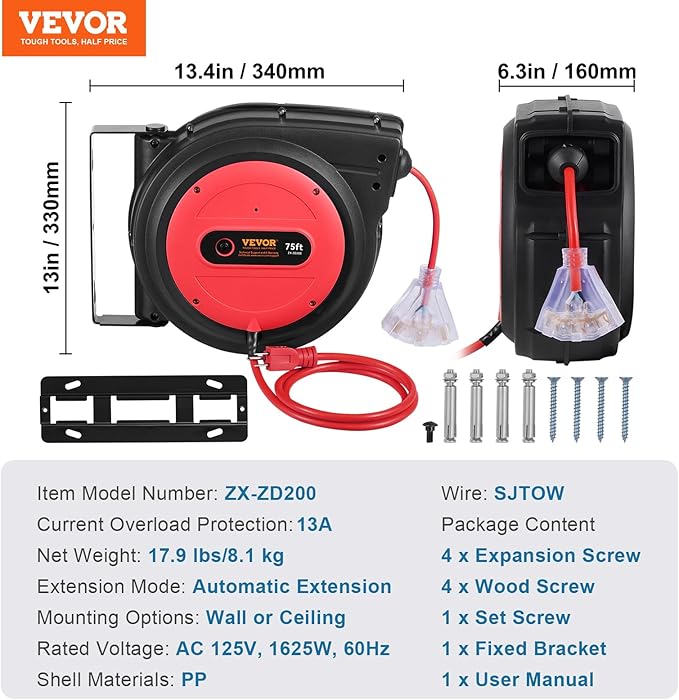 VEVOR 75FT Retractable Extension Cord Reel, 14AWG/3C SJTOW Heavy Duty Power Cord w/Lighted Electrical Triple Tap Outlets, 13A Circuit Breaker,180° Swivel Bracket for Workshop or Garage, Red